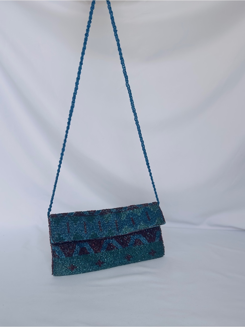 Expressions NYC Blue & Brown Bronze Bugle Beaded Evening Clutch Bag Shoulder